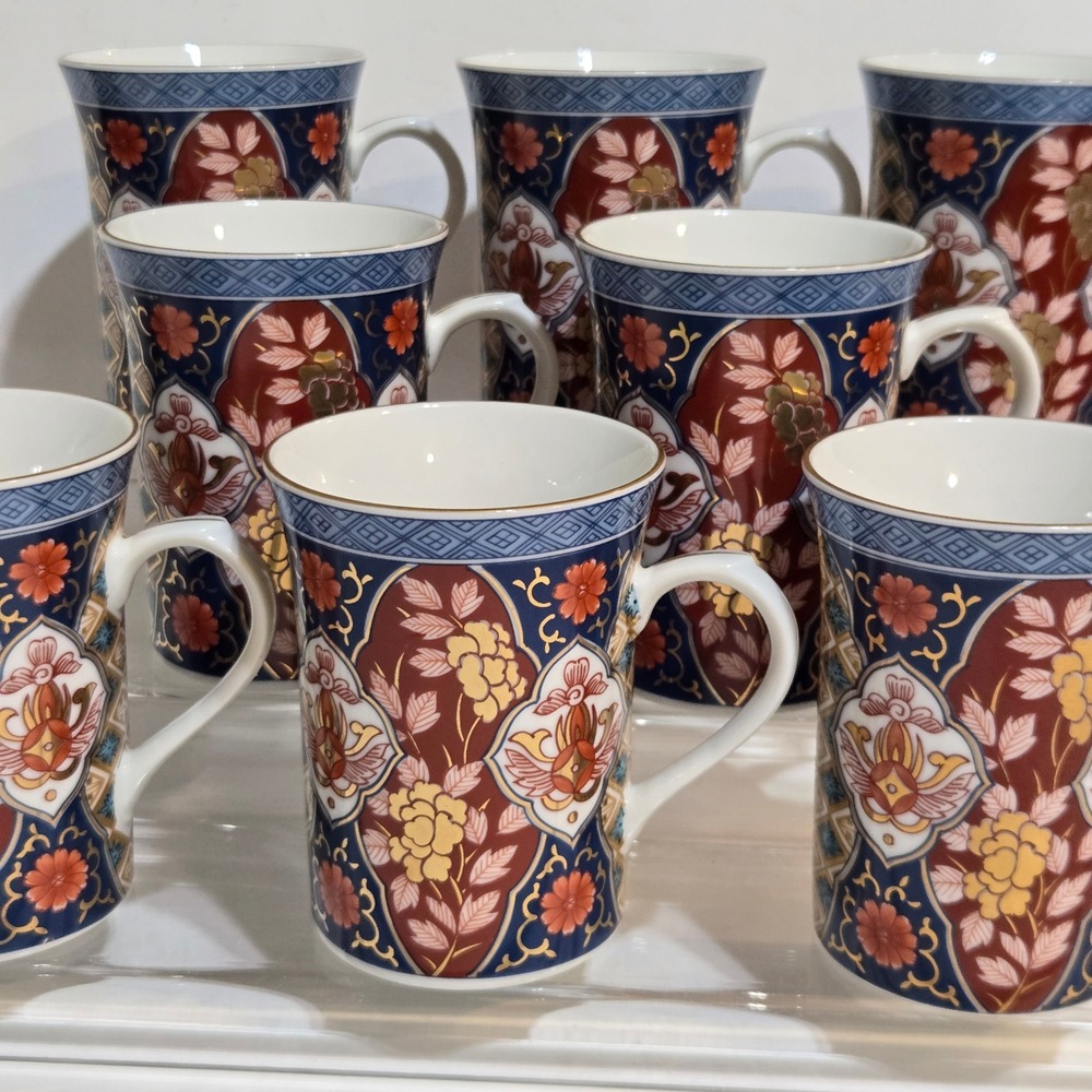 Smithsonian Institution Coffee Mugs Set of 8 Imari Floral Japan Blue Red Gold